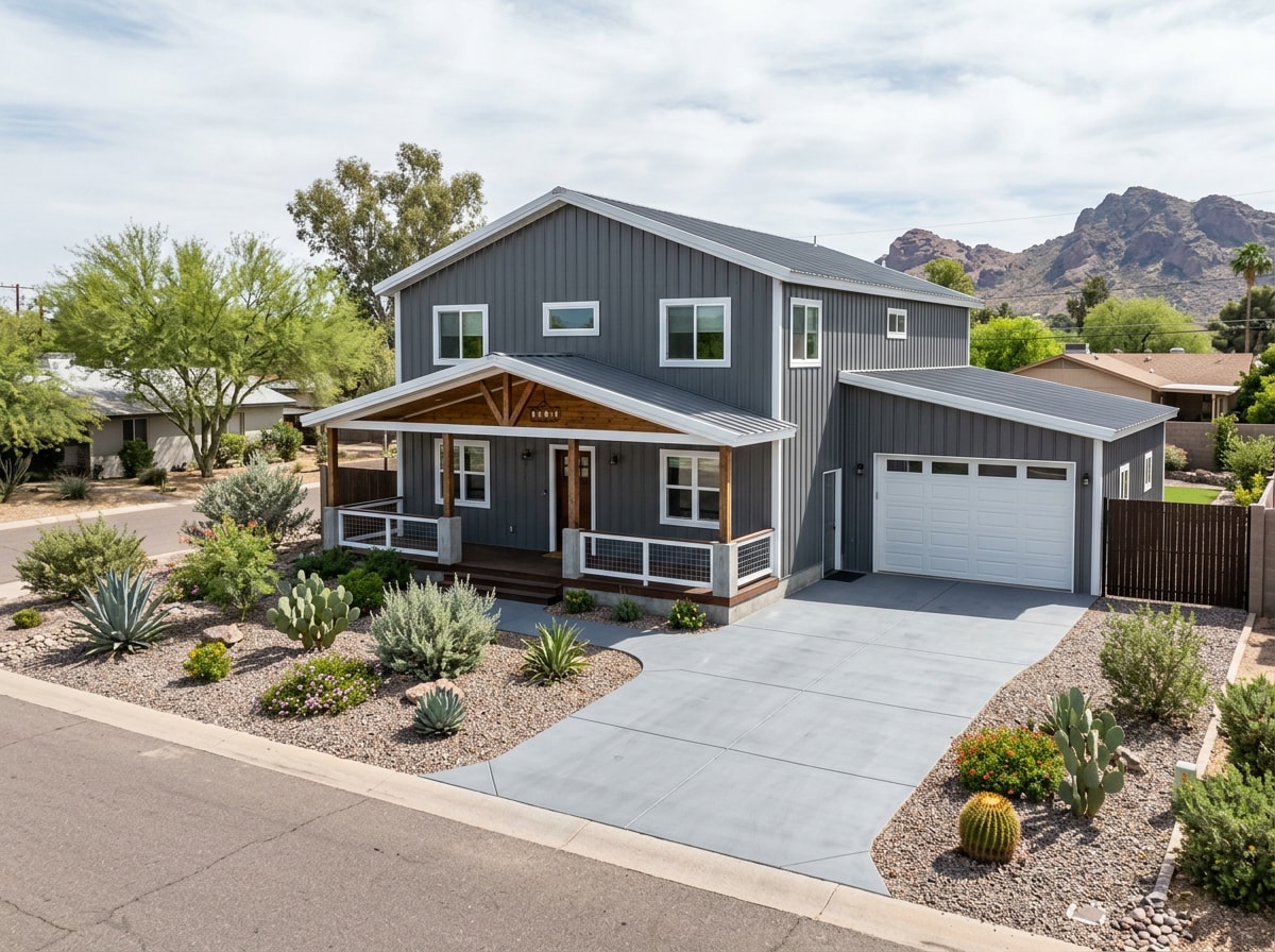 Modern barndominium exterior with steel siding and a covered porch in a Tempe, Arizona neighborhood