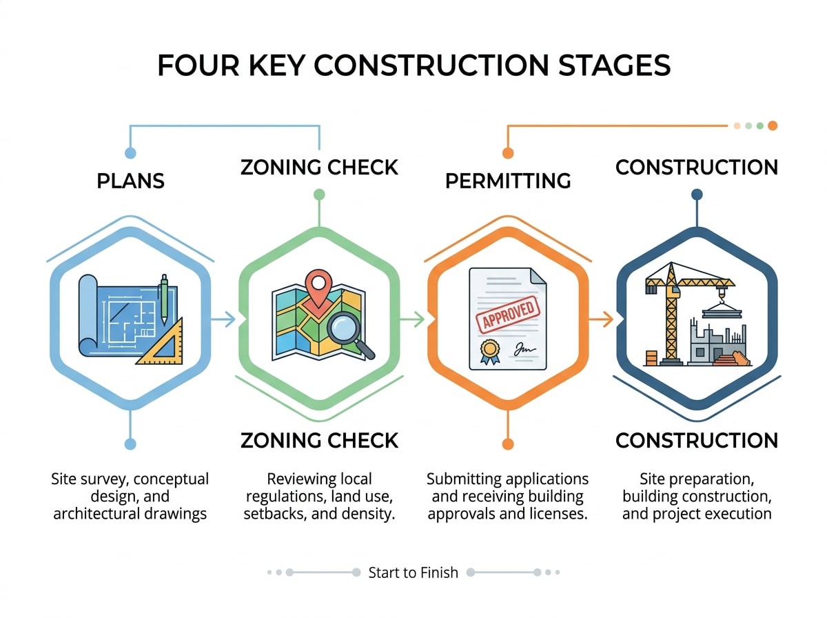 Diagram showing the four stages of a barndominium build: planning, zoning check, permitting, and construction