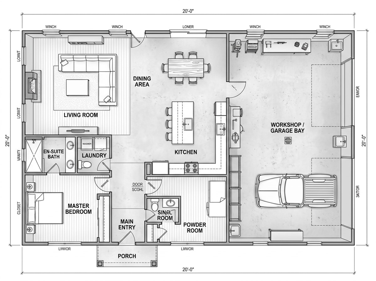 Open-concept barndominium floor plan sketch showing a combined living area and attached shop bay