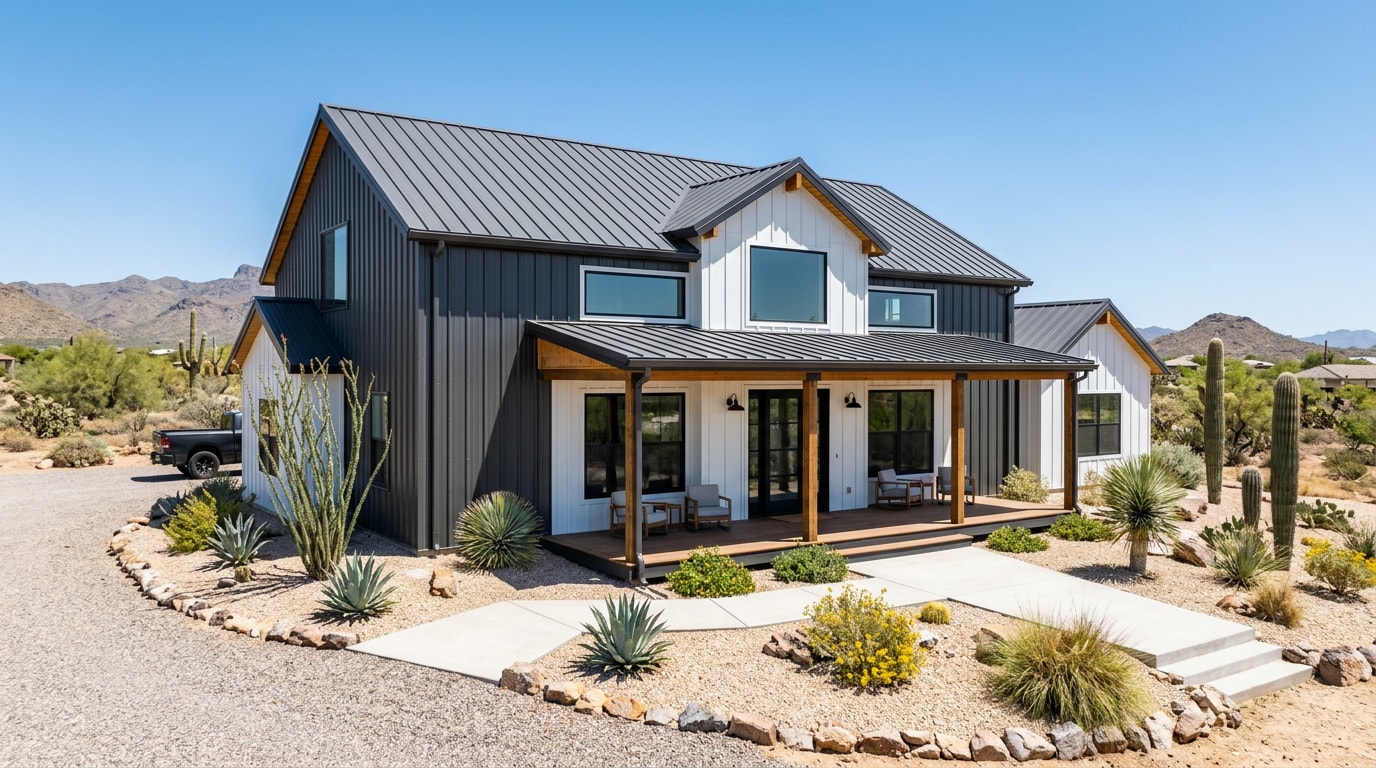 Finished modern barndominium home with steel siding in a desert Arizona landscape