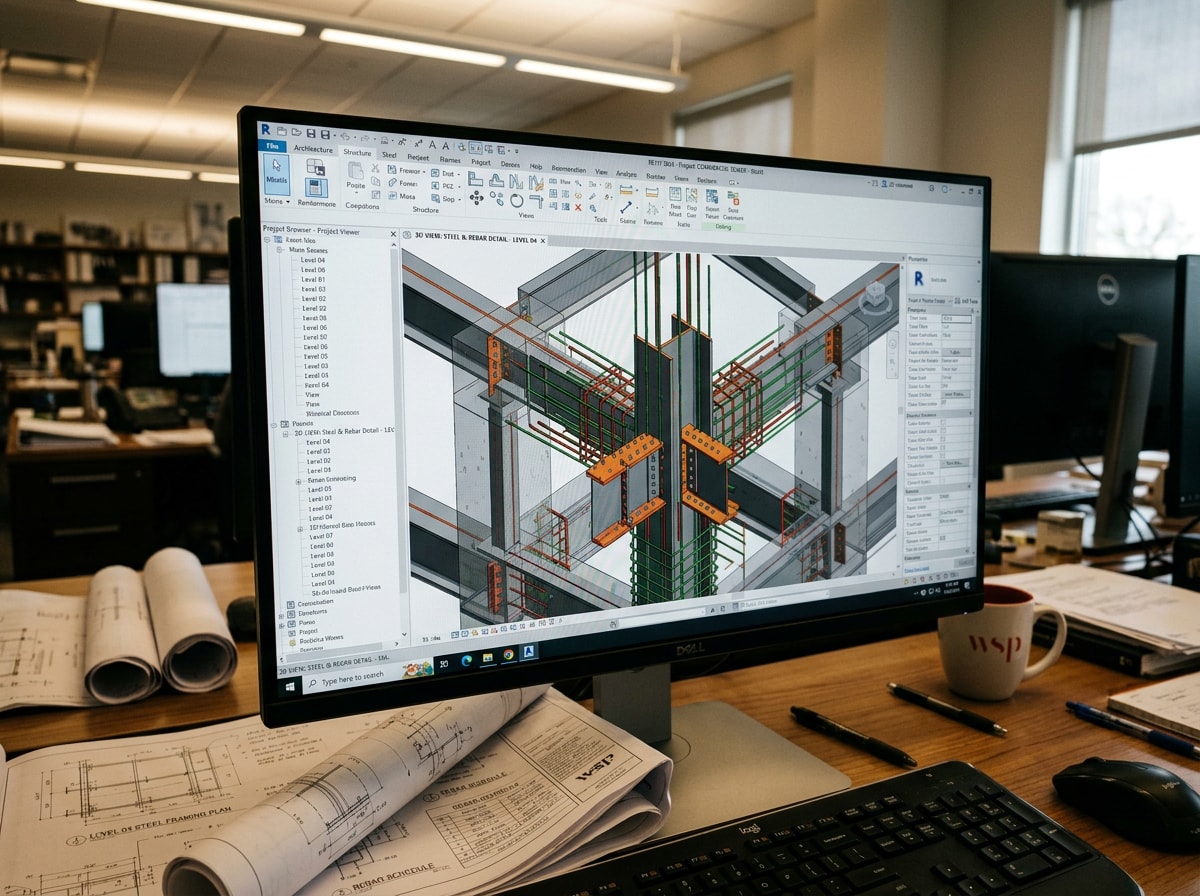 Structural BIM model render showing steel framing and rebar detailing for a Gilbert AZ commercial project