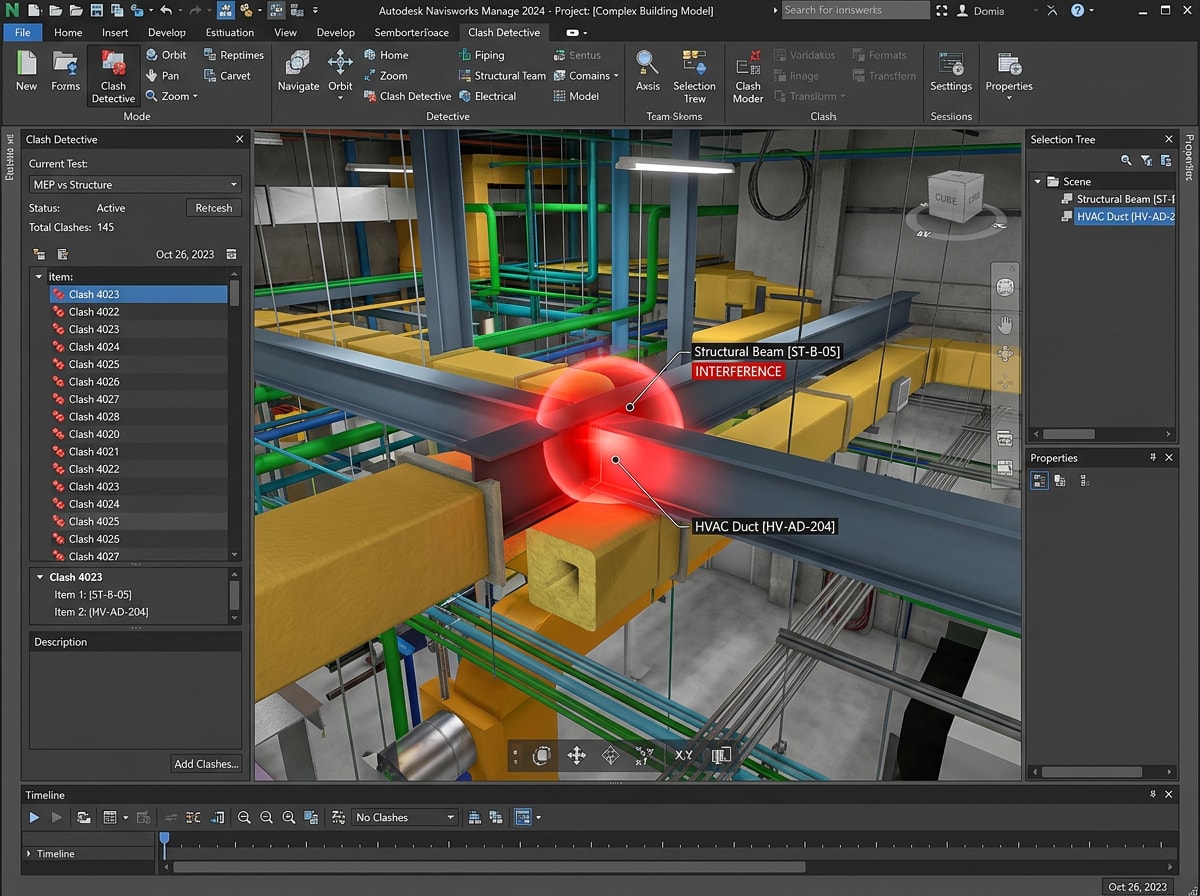 Clash detection screenshot in Navisworks showing a structural clash between a steel beam and MEP ductwork
