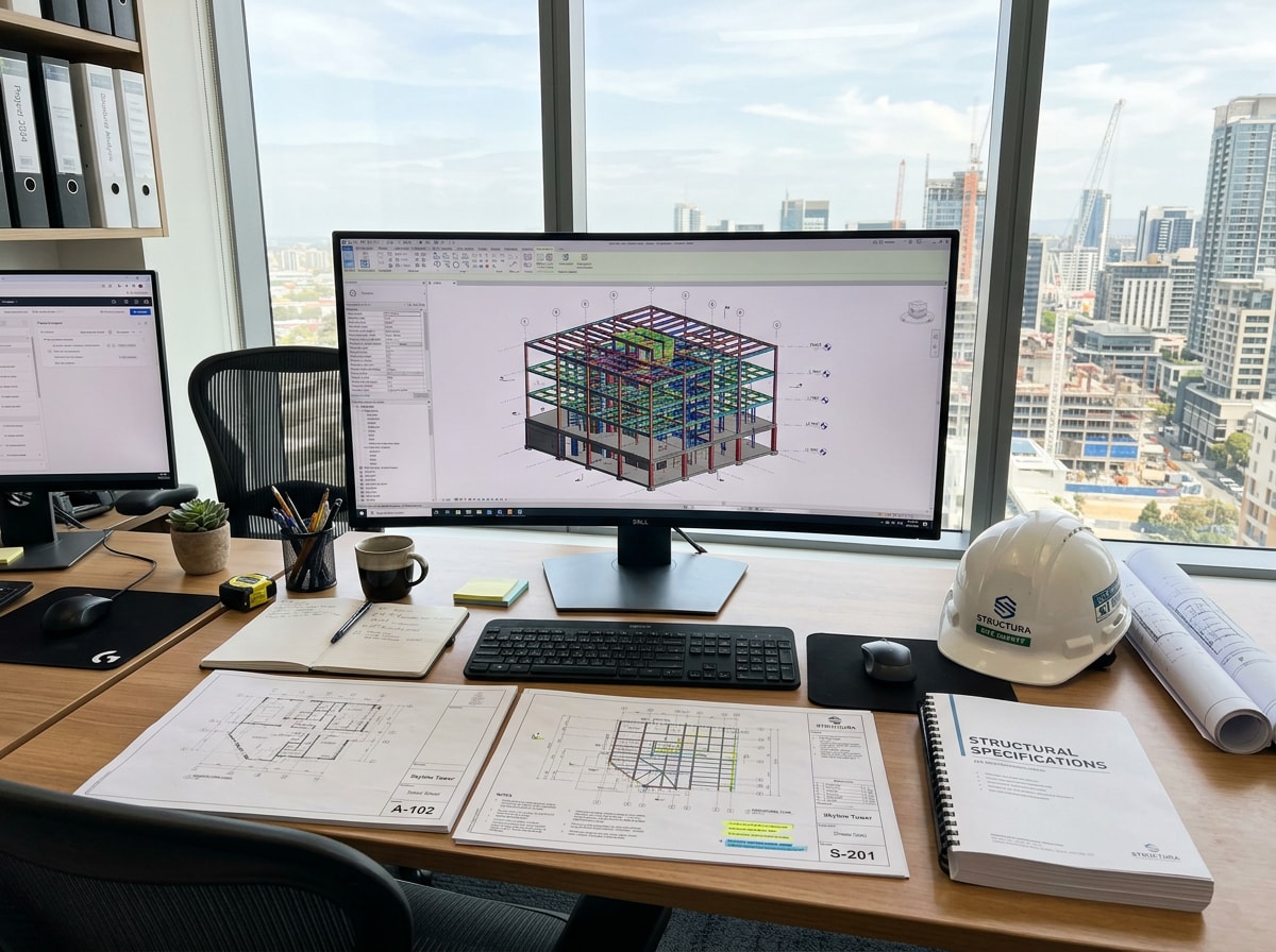Computer monitor displaying a coordinated structural BIM model on a drafting desk, no people visible