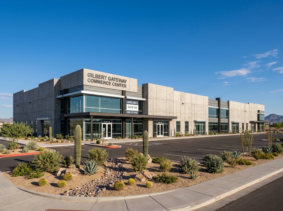 Finished tilt-up commercial building exterior in Gilbert, Arizona under a clear sky