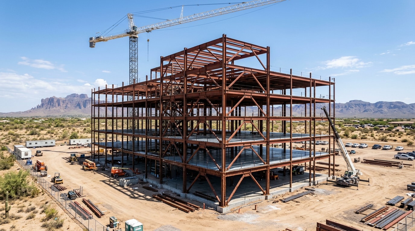Steel-framed commercial building structure under construction in Gilbert, Arizona Steel-framed commercial building structure under construction in Gilbert, Arizona