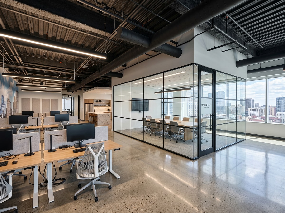 Completed commercial office buildout with open-concept workstations and finished ceiling grid