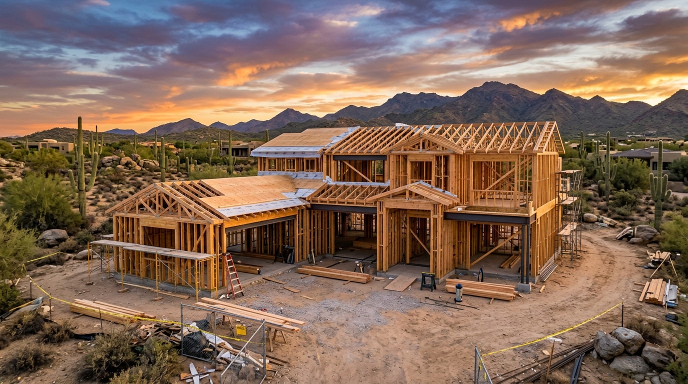 Custom home construction site in Scottsdale, Arizona at golden hour