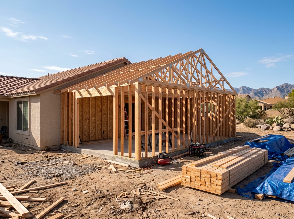 Wood-framed family room addition under construction on a single-story Gilbert, AZ home, roof trusses visible