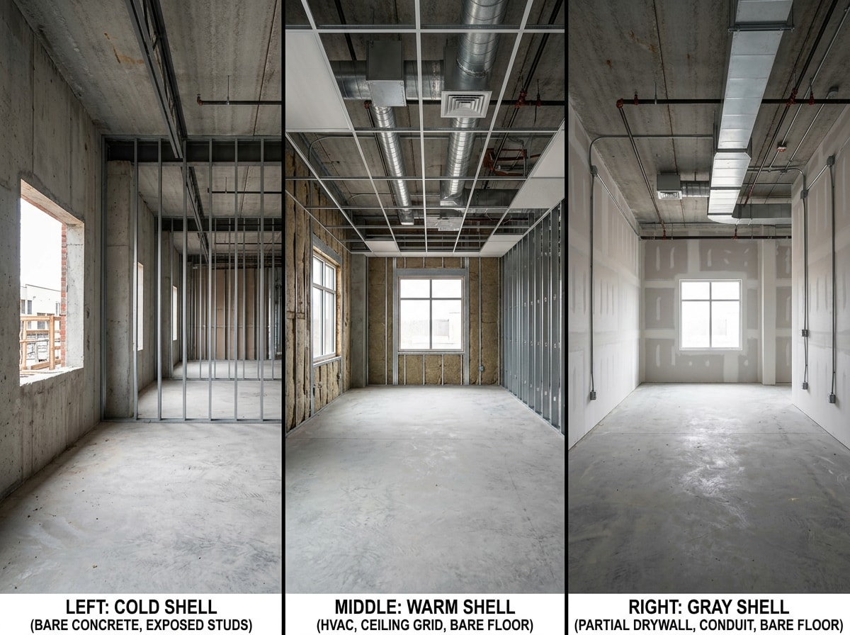 Diagram comparing cold shell, warm shell, and gray shell commercial building conditions
