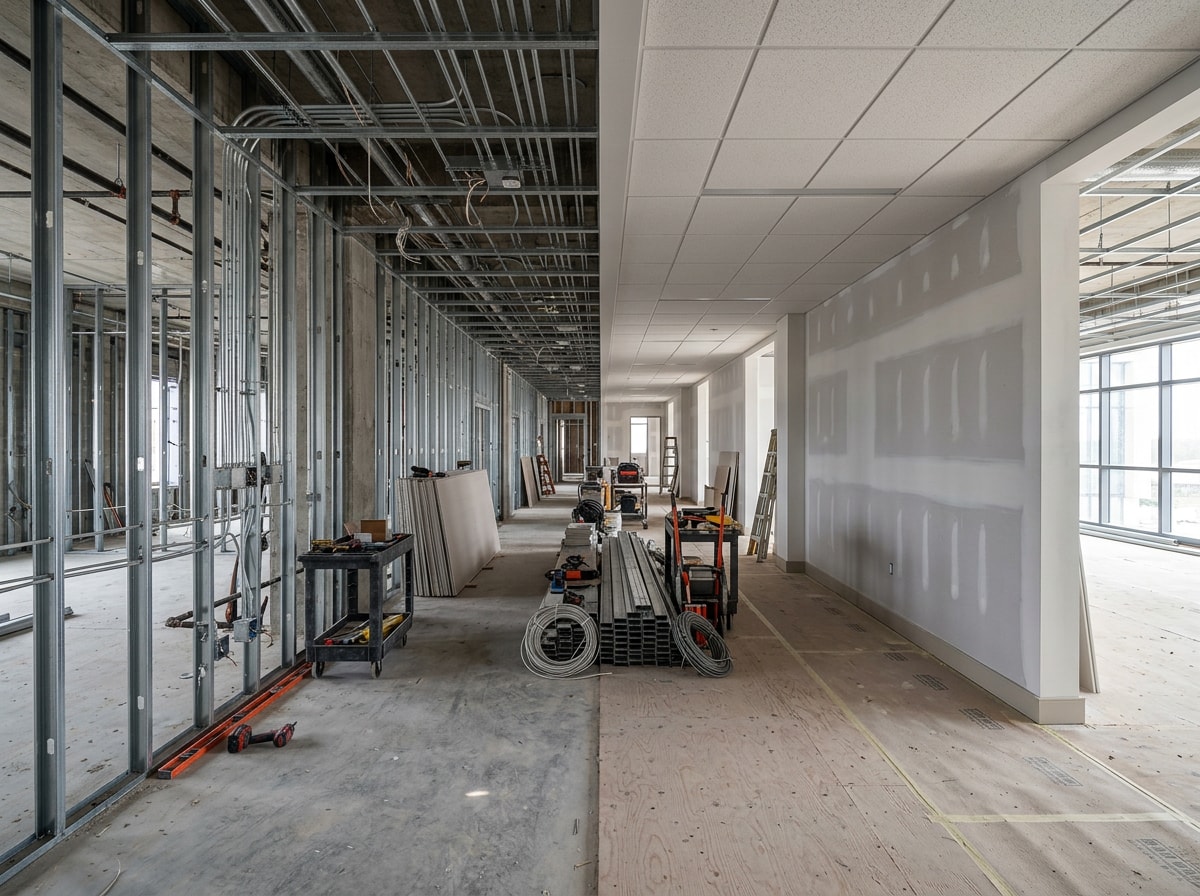 Commercial job site showing progression from rough-in framing to finished interior build-out