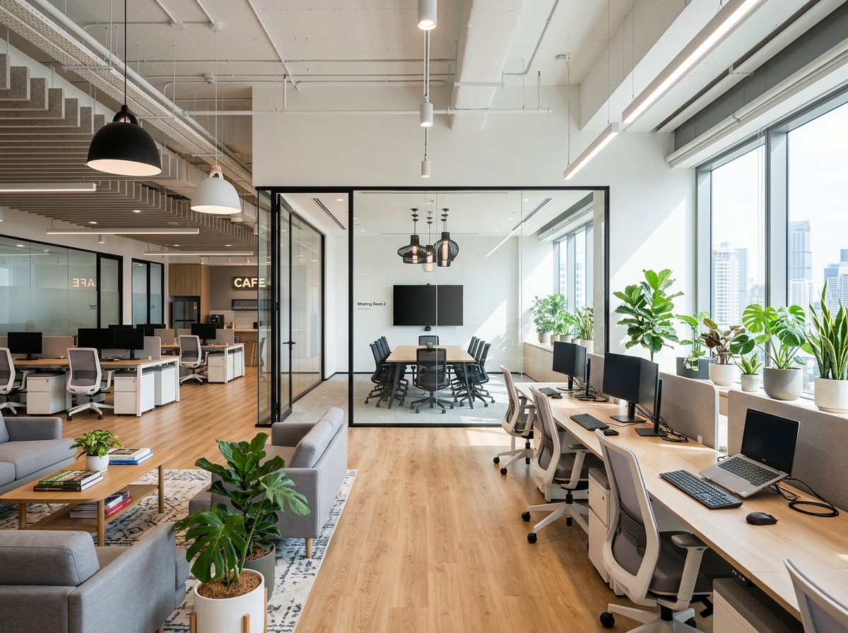 Finished modern office interior after a commercial fit-out showing open workspace and natural light