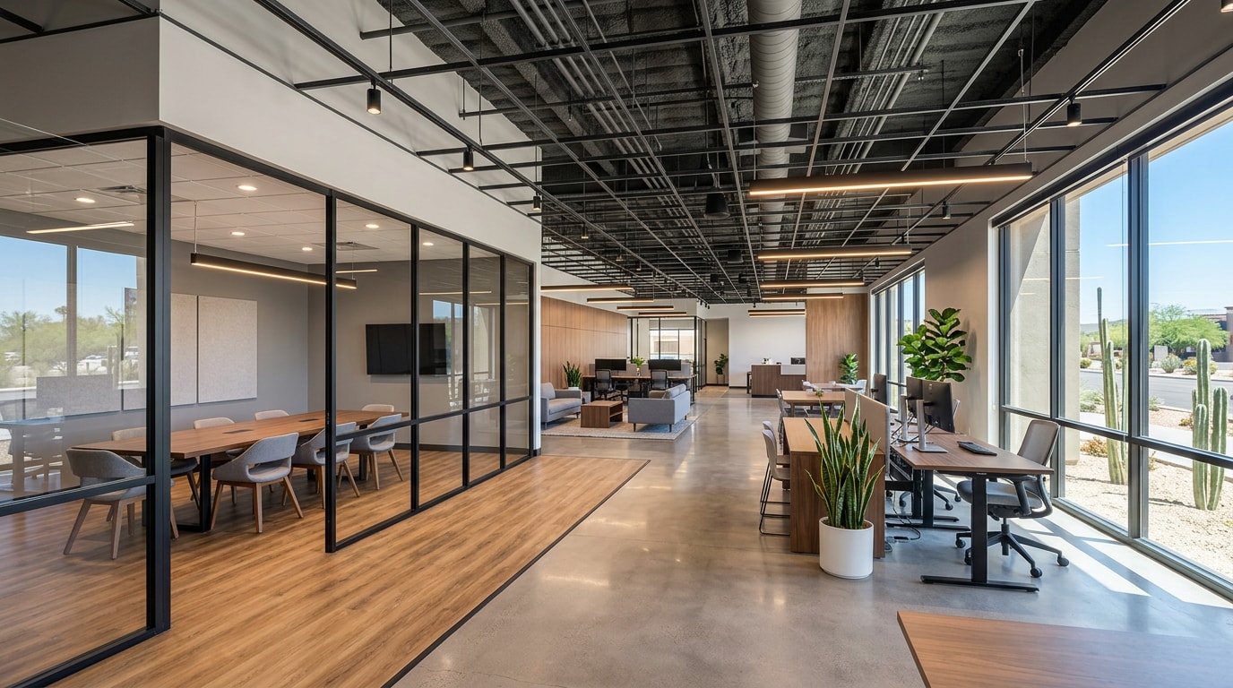 Finished commercial fit-out construction interior in Gilbert, AZ with modern office finishes