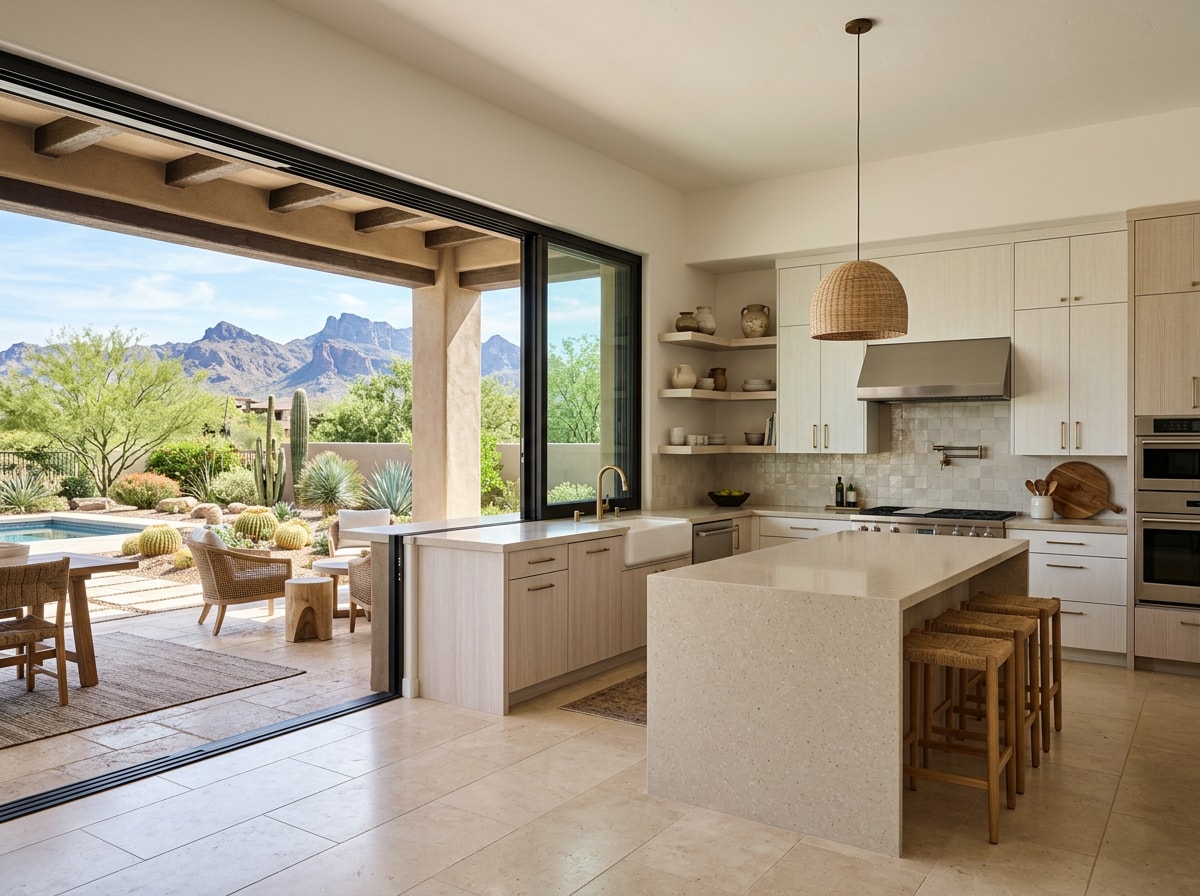 Desert-style kitchen remodel in Phoenix with heat-reflective finishes opening to a patio