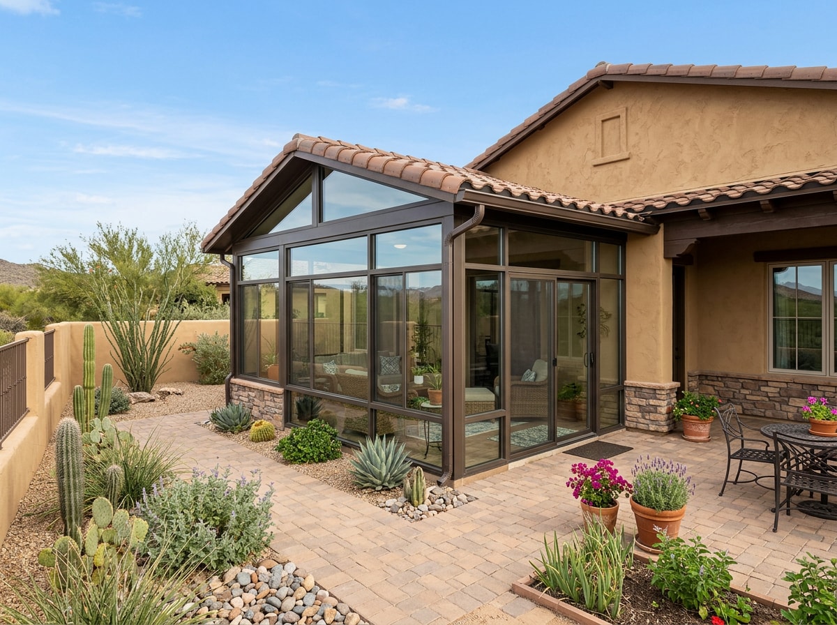 Exterior view of a modern glass room extension attached to a Chandler, AZ home