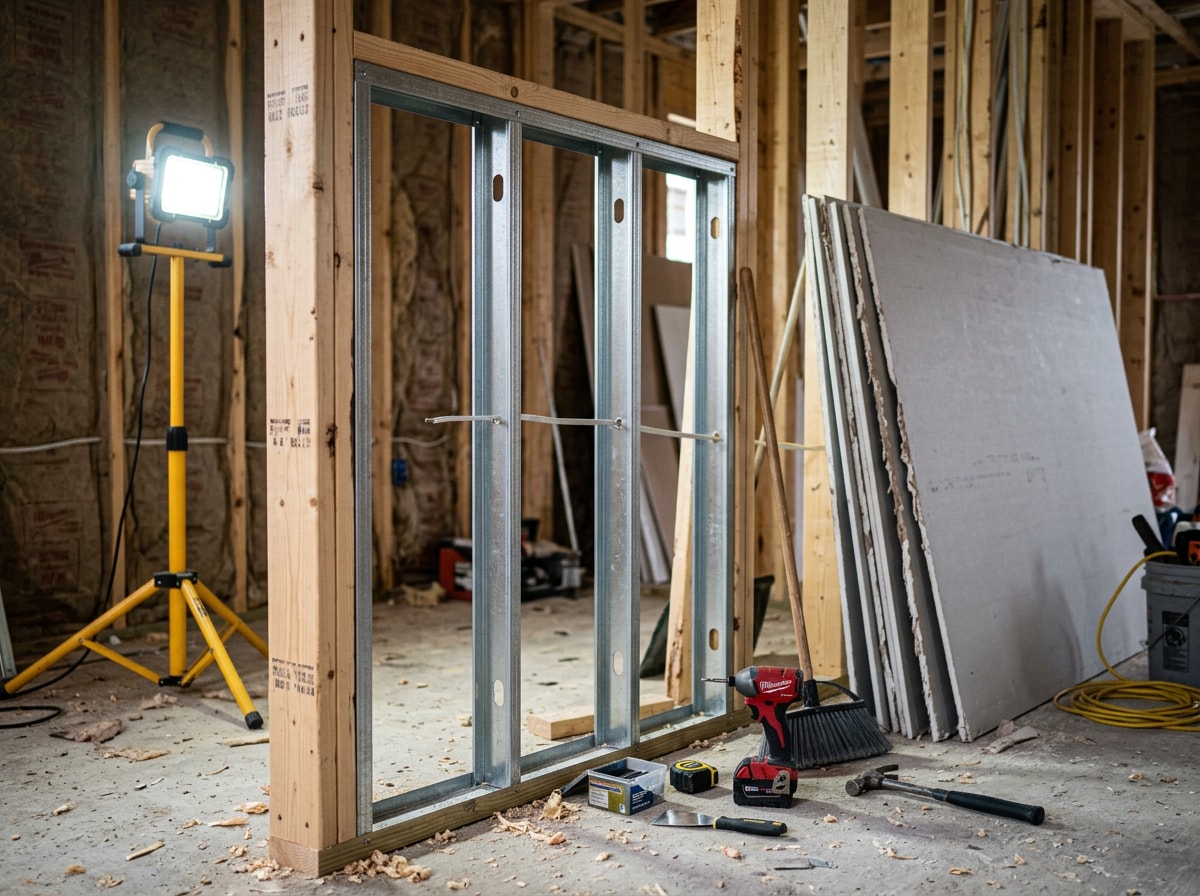 Framed interior wall ready for gypsum wallboard installation in new construction
