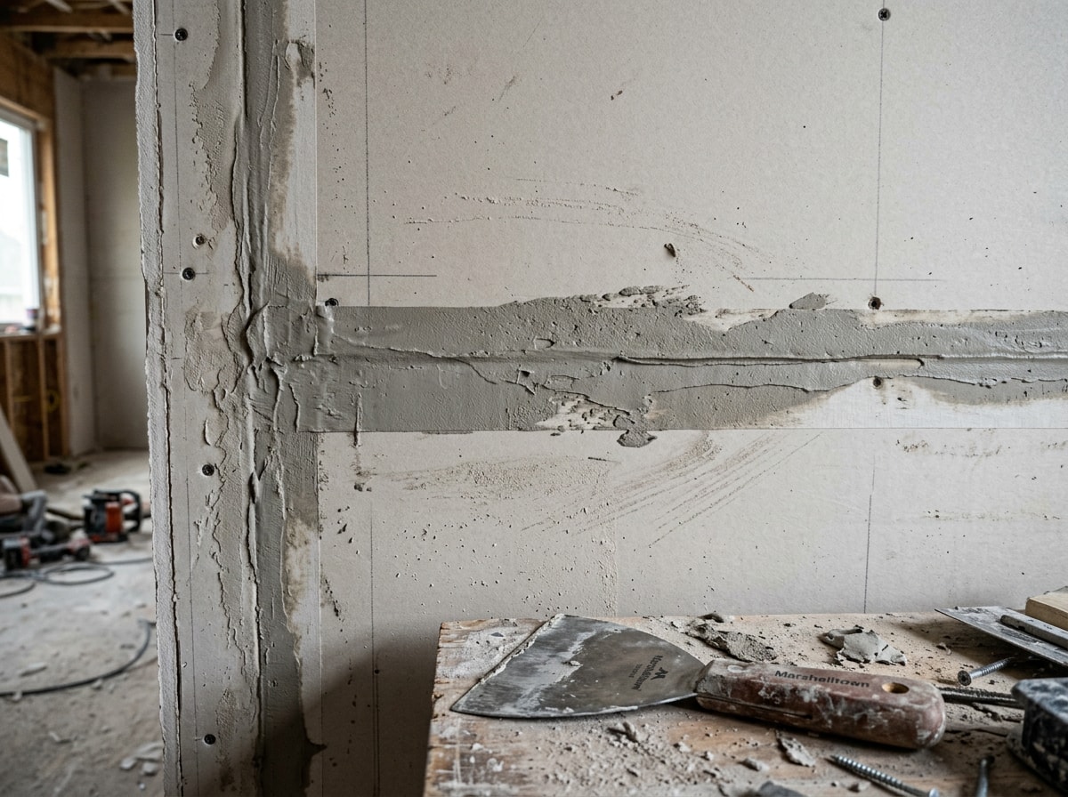 Installer finishing taped joints on newly hung GWB drywall panels