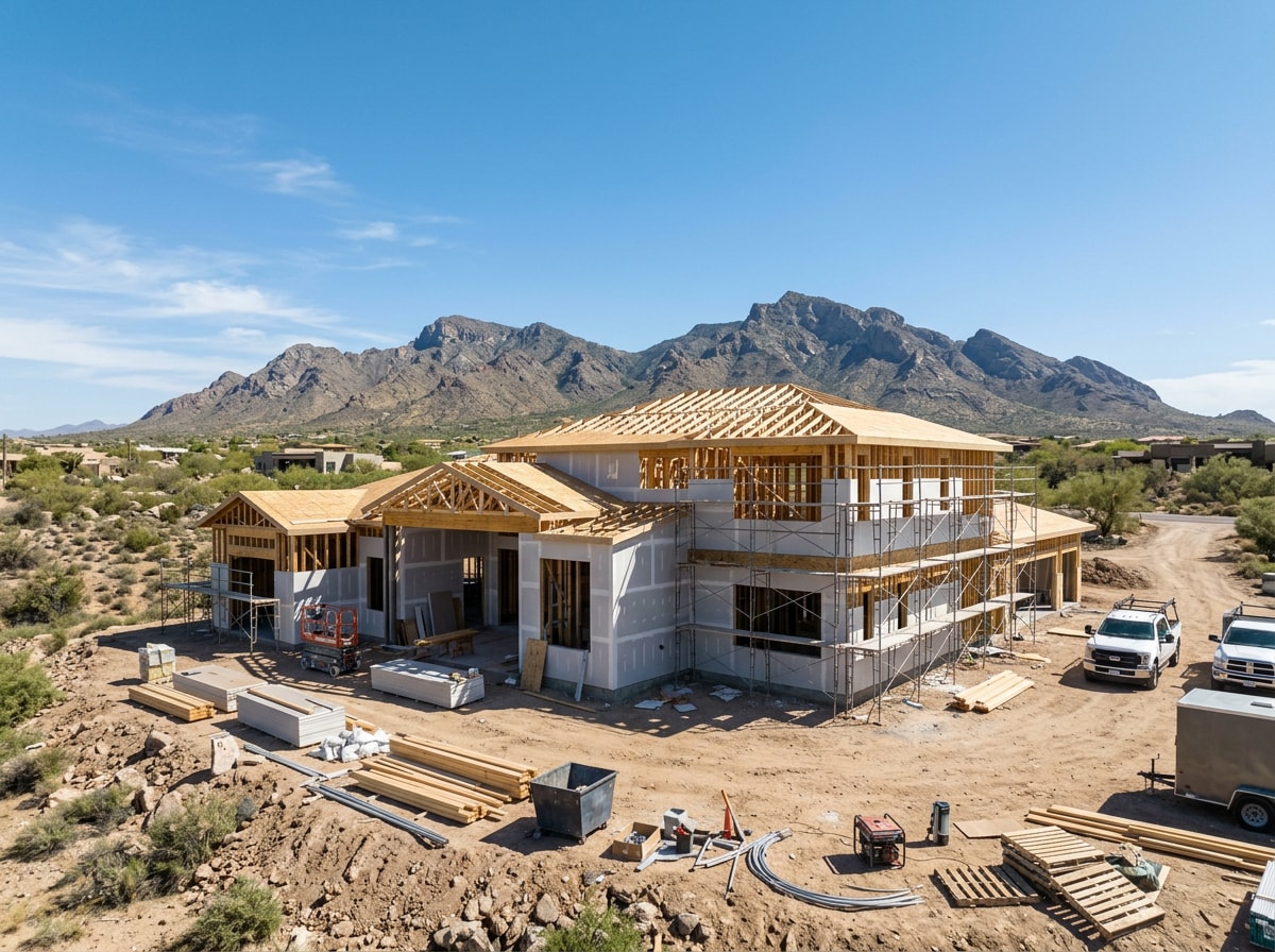 Custom home construction site in Paradise Valley, Arizona with framing and drywall in progress