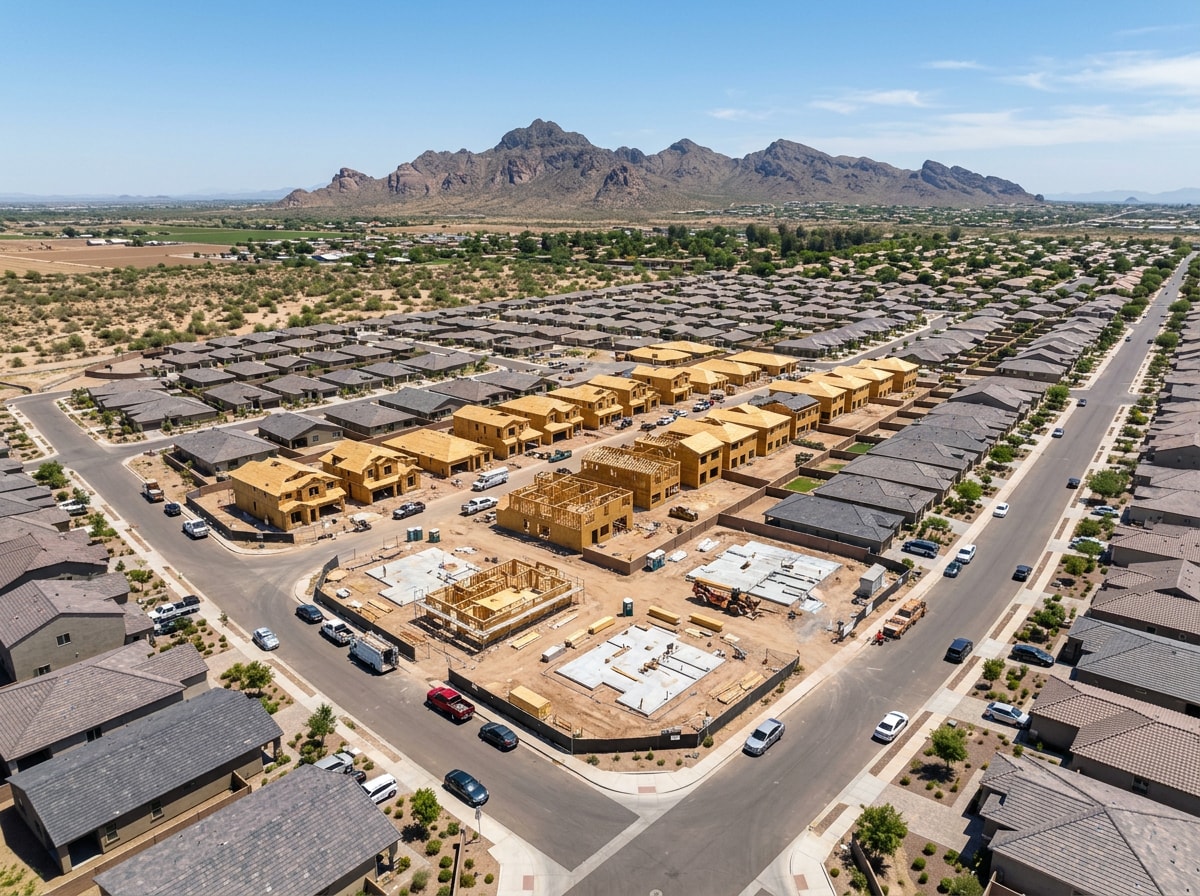 Aerial view of a new residential subdivision under construction in Chandler, AZ with desert mountain backdrop