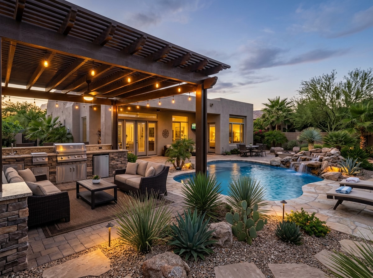 Custom outdoor living space with shaded patio and pool integration at a Chandler, AZ home