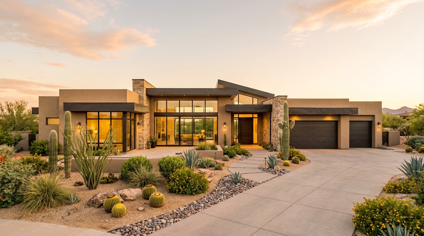 Finished custom home exterior in Chandler, AZ with desert landscaping Finished custom home exterior in Chandler, AZ with desert landscaping