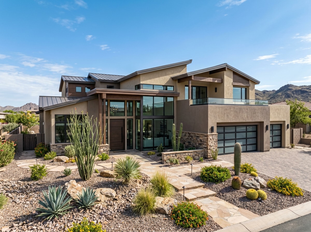 Exterior of a finished custom-built home in Tempe, Arizona with desert landscaping