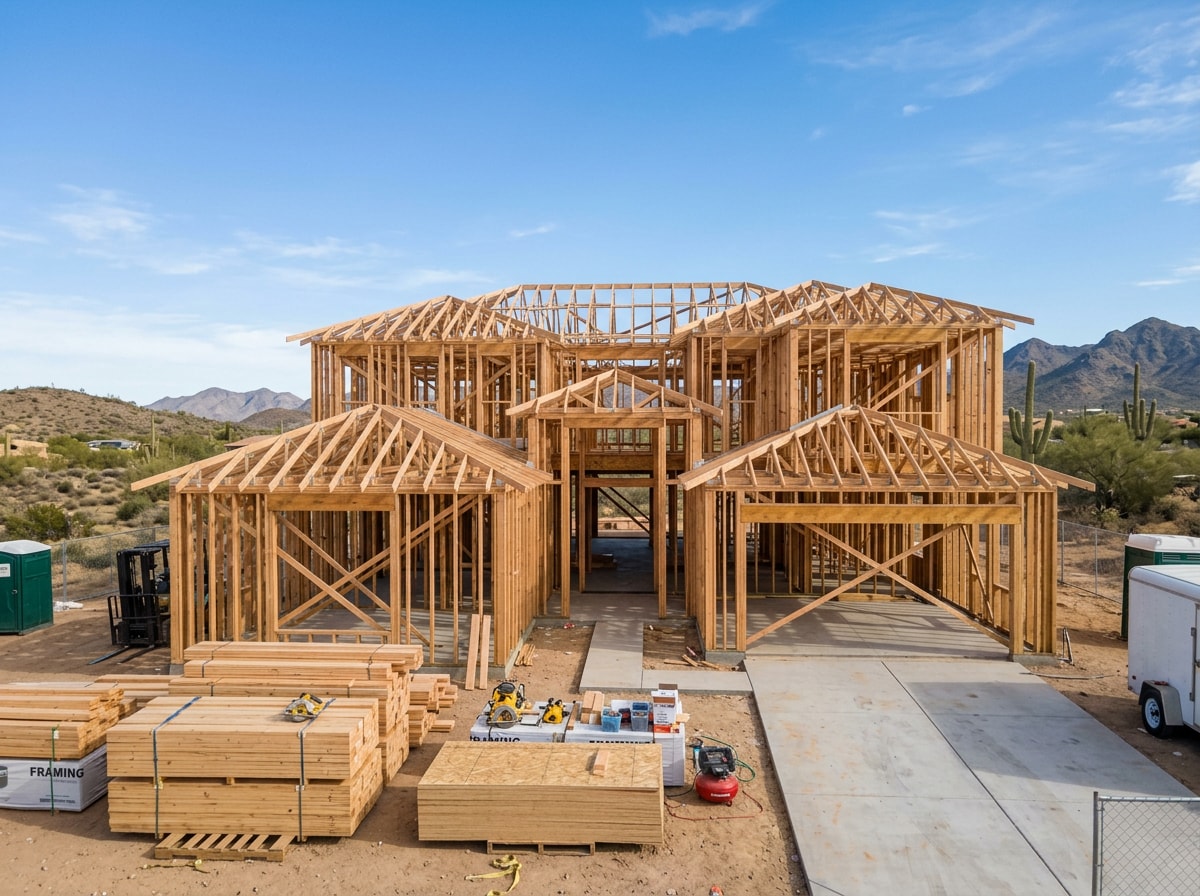 Framing stage of a custom home under construction in Tempe, Arizona