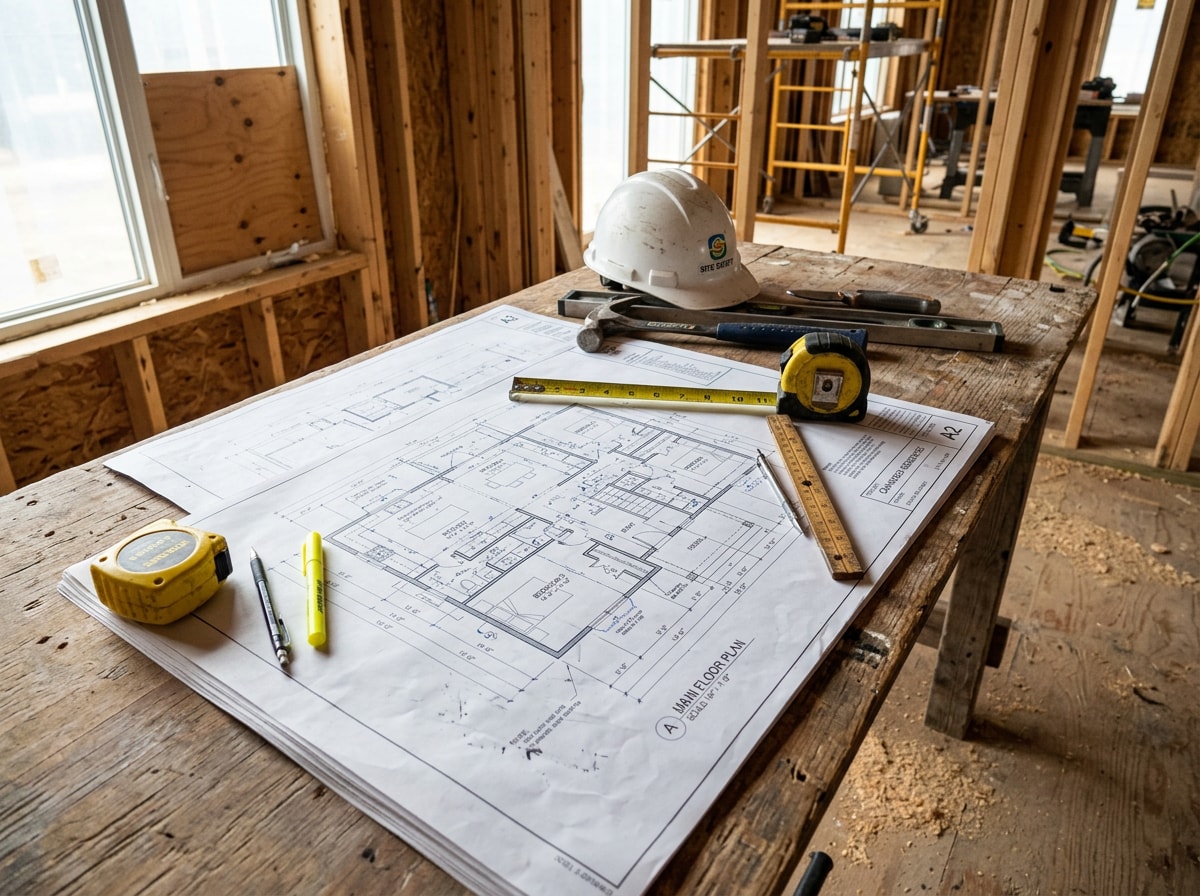 Homeowner reviewing blueprints with a builder and design team in Tempe