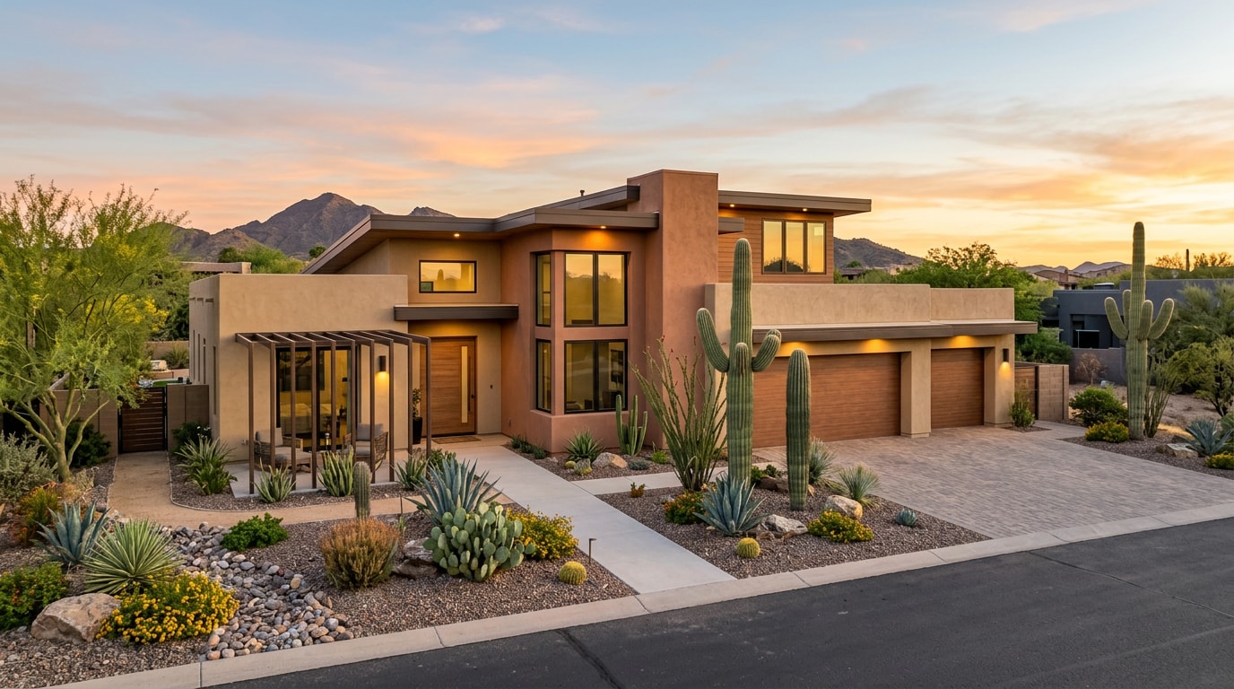 Custom-built home exterior in Tempe, Arizona with desert landscaping