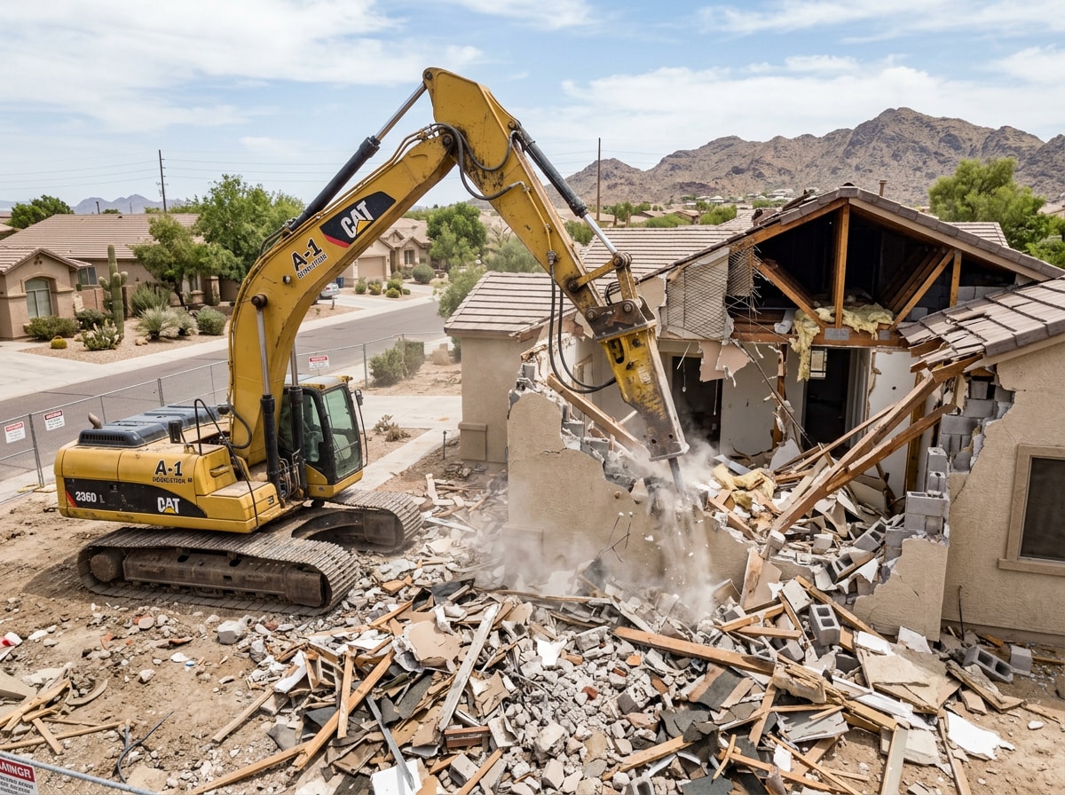 Excavator tearing down a single-family home on a Tempe, AZ residential lot