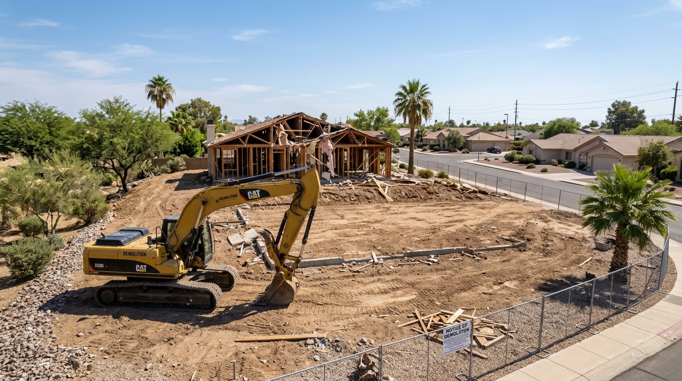 Residential demolition site in Tempe, AZ with excavator and partially cleared lot