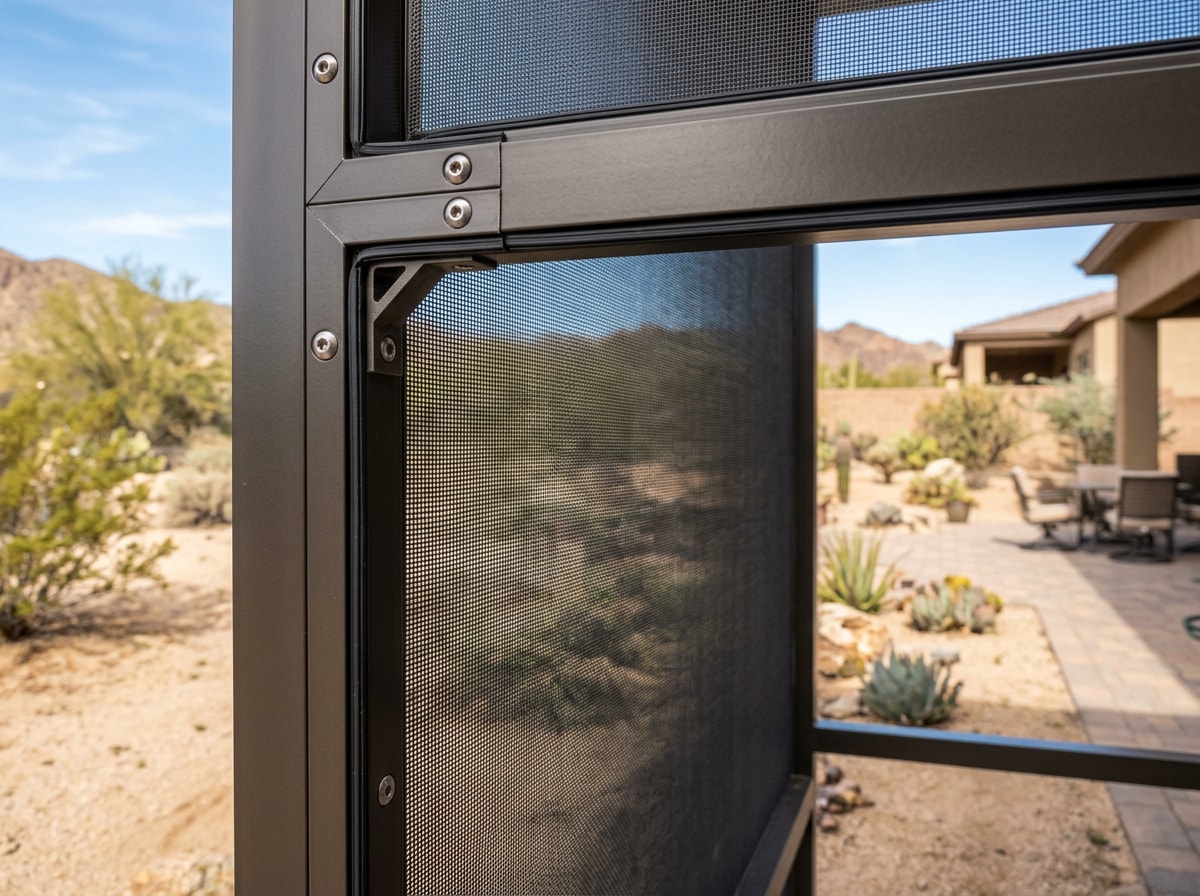 Close-up of aluminum-framed screen enclosure with solar mesh installed on a Scottsdale patio
