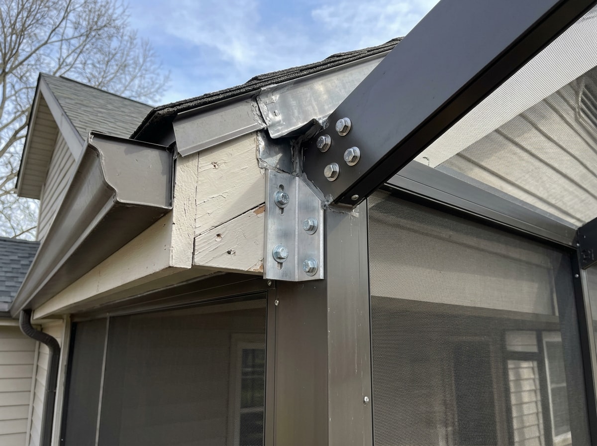 Finished screen enclosure frame showing structural attachment point to a home's roofline