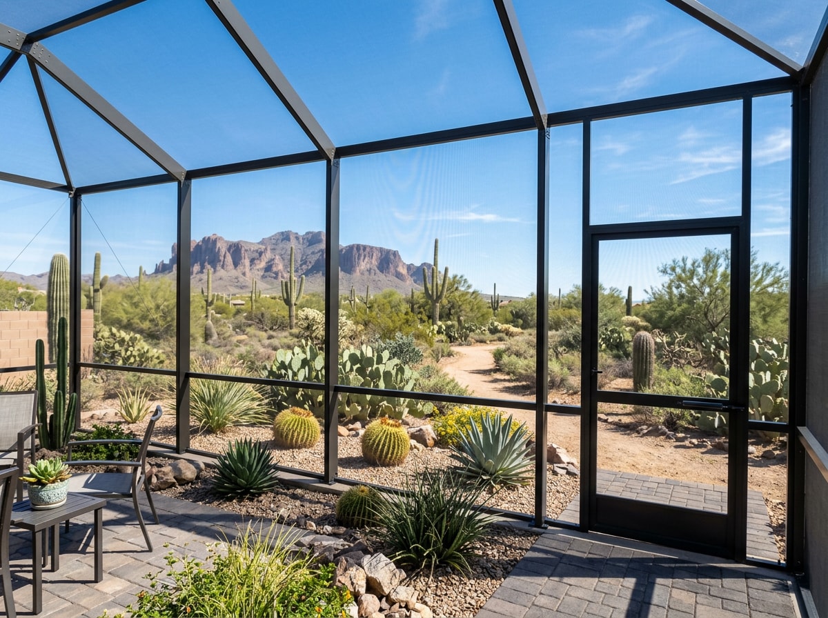 Clean, dust-free screen enclosure mesh and frame on a desert backyard patio after routine maintenance