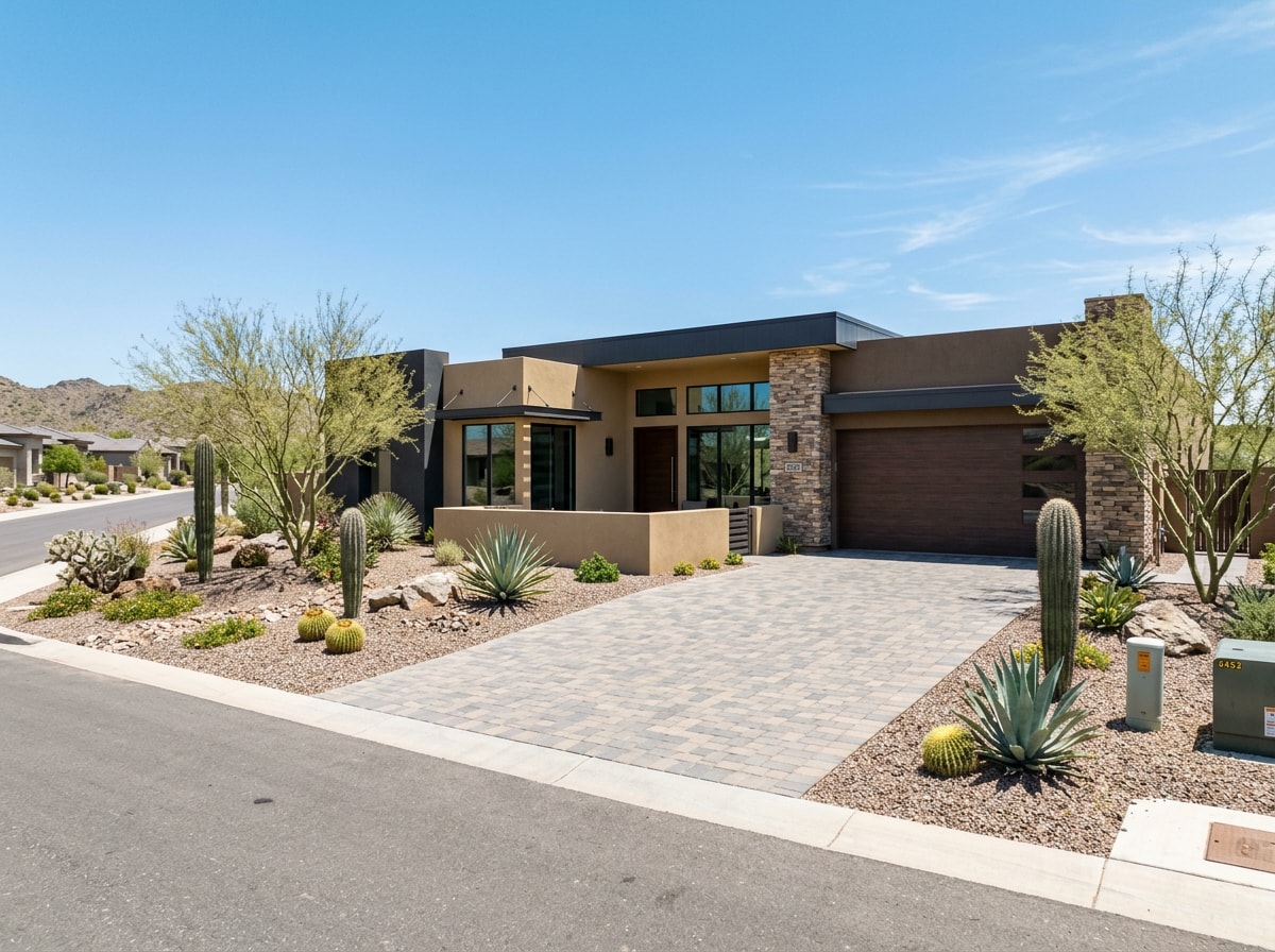 Finished semi-custom home exterior in a Phoenix desert neighborhood with xeriscape landscaping