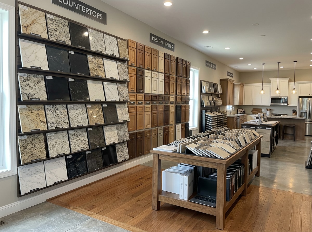 Interior design selections showroom with cabinet, countertop, and tile samples displayed for a semi-custom home build
