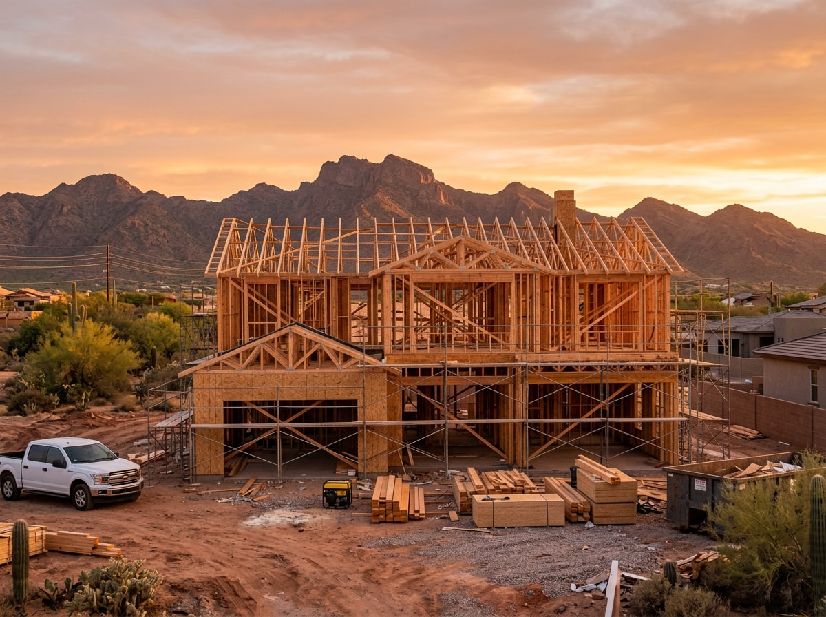 Framed semi-custom home under construction at a Phoenix-area job site during golden hour
