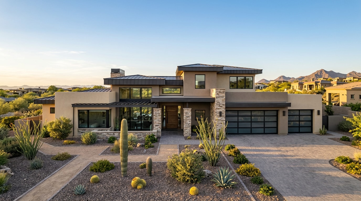Finished semi-custom home exterior in a Phoenix, Arizona desert neighborhood Finished semi-custom home exterior in a Phoenix, Arizona desert neighborhood