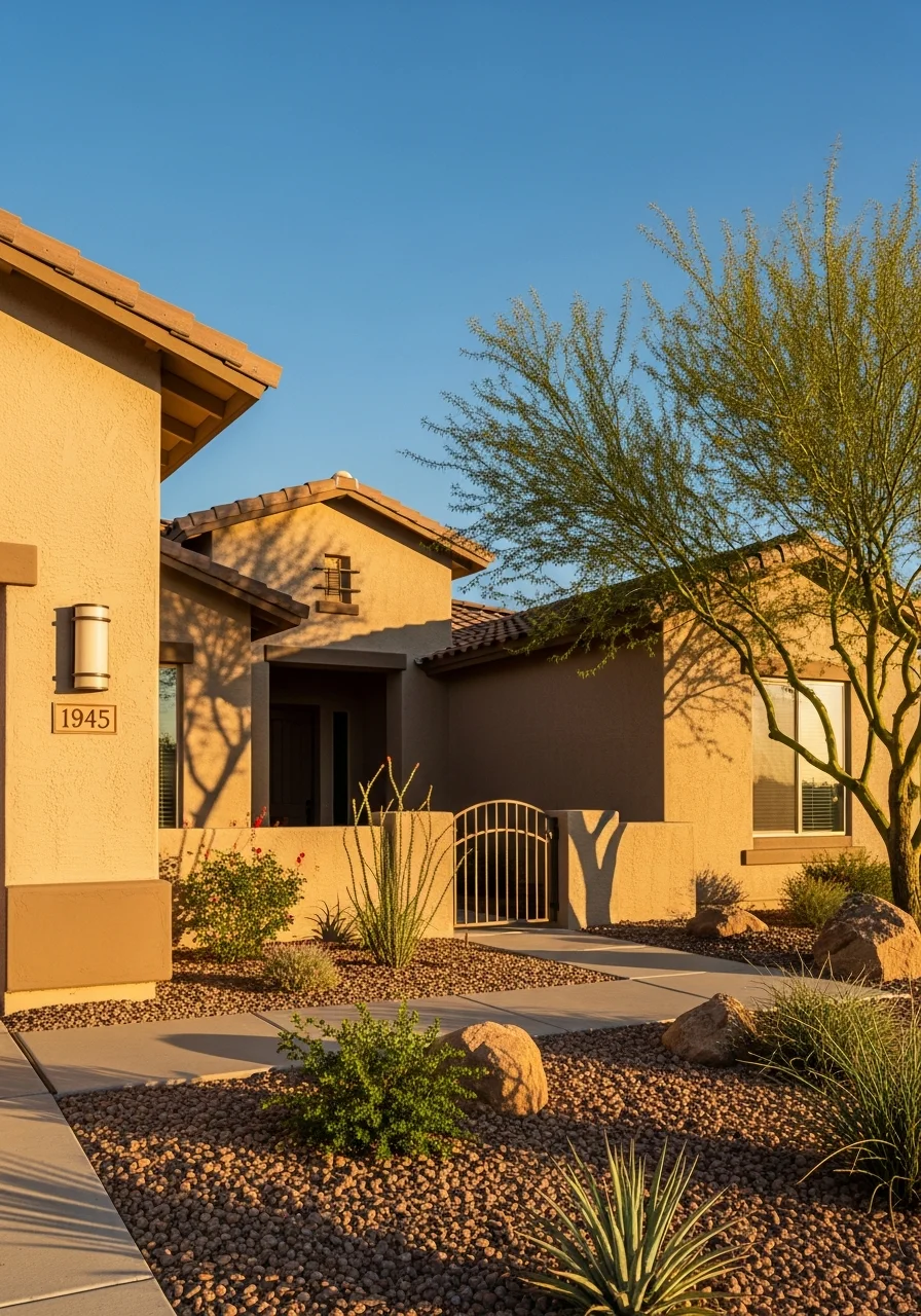 Close-up of a Phoenix home exterior with desert landscaping and clear blue sky.