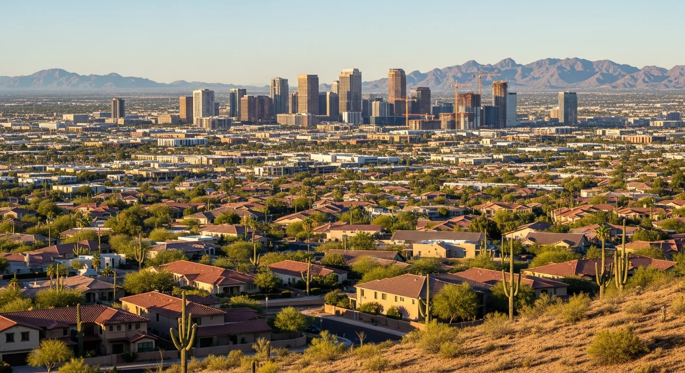 Wide view of Phoenix skyline with desert mountains in the background and residential neighborhoods in the foreground.