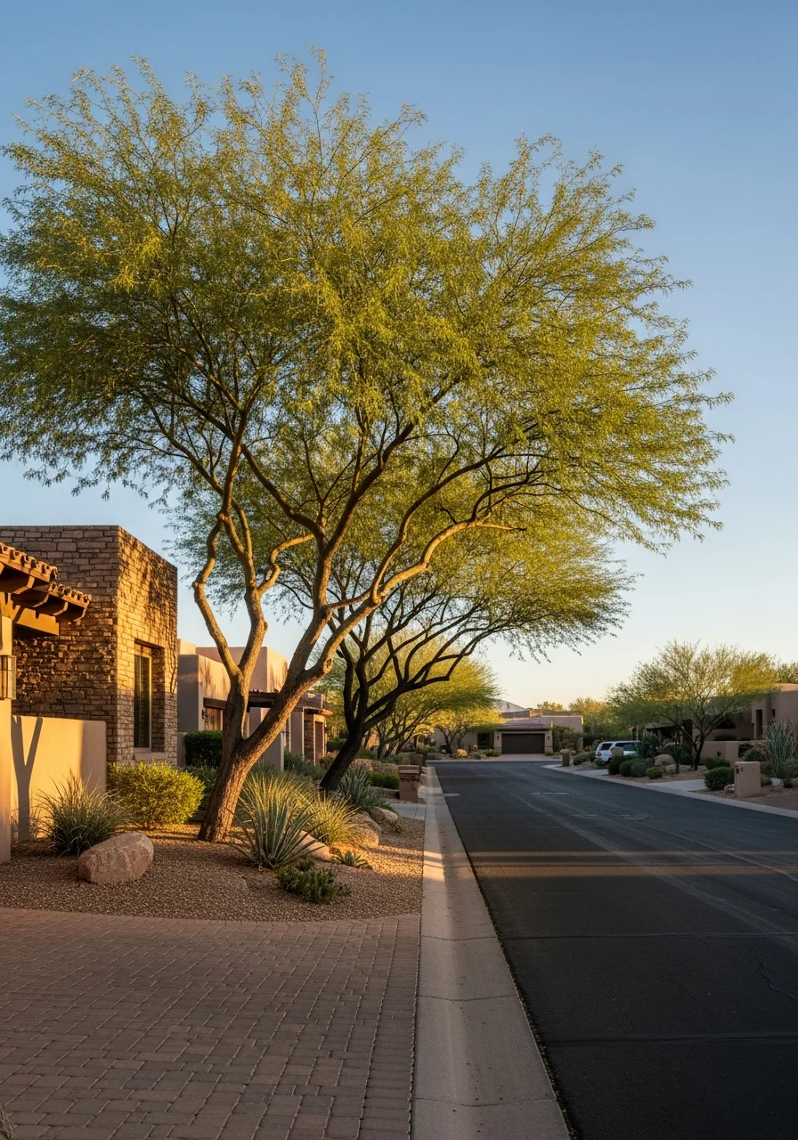 Scottsdale residential street with mature trees, well-maintained properties, and clear desert sky.