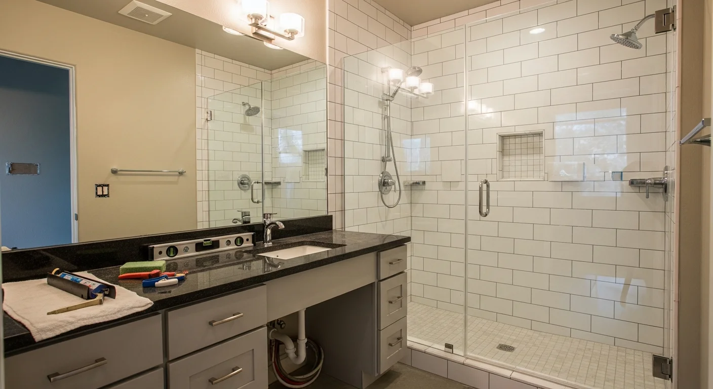 A finished bathroom remodel in a Phoenix home showing a walk-in tile shower, updated vanity with storage, and hard-wearing floor tile suited to the desert climate. The space reflects a clean, functional layout completed by Ocotillo Construction.