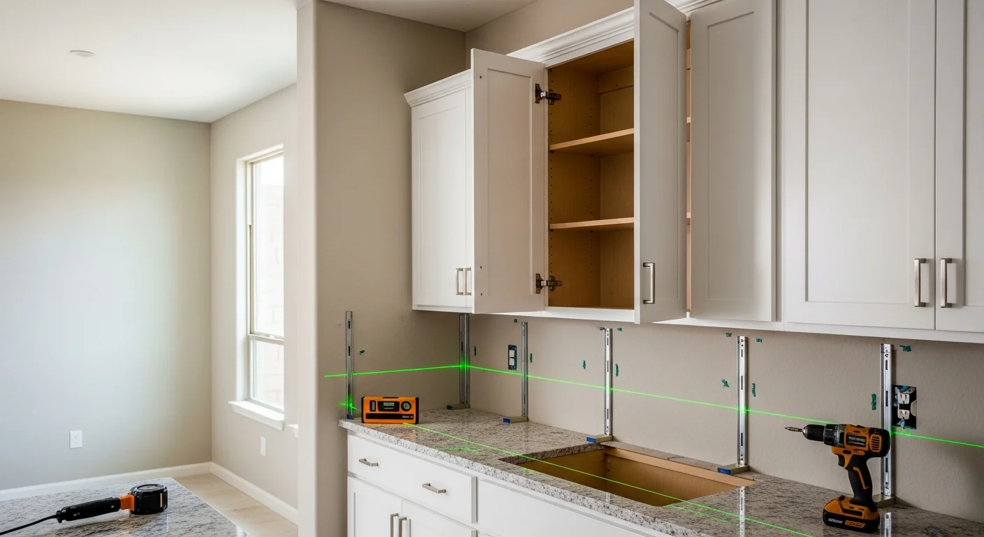 Newly installed kitchen cabinets in a Phoenix home with an open-concept layout, showing level upper and lower cabinet runs with clean door alignment. A bathroom vanity with flush-mounted cabinet doors is visible in the background, reflecting a complete Ocotillo Construction cabinet installation.