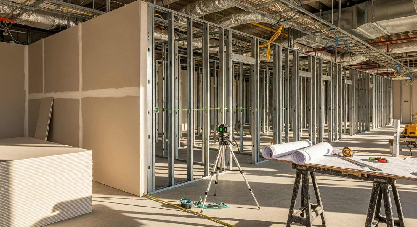 Interior of a renovated commercial office space in Phoenix, Arizona, showing an open floor plan with updated lighting and finished walls. A commercial contractor crew works in the background on a tenant improvement buildout.
