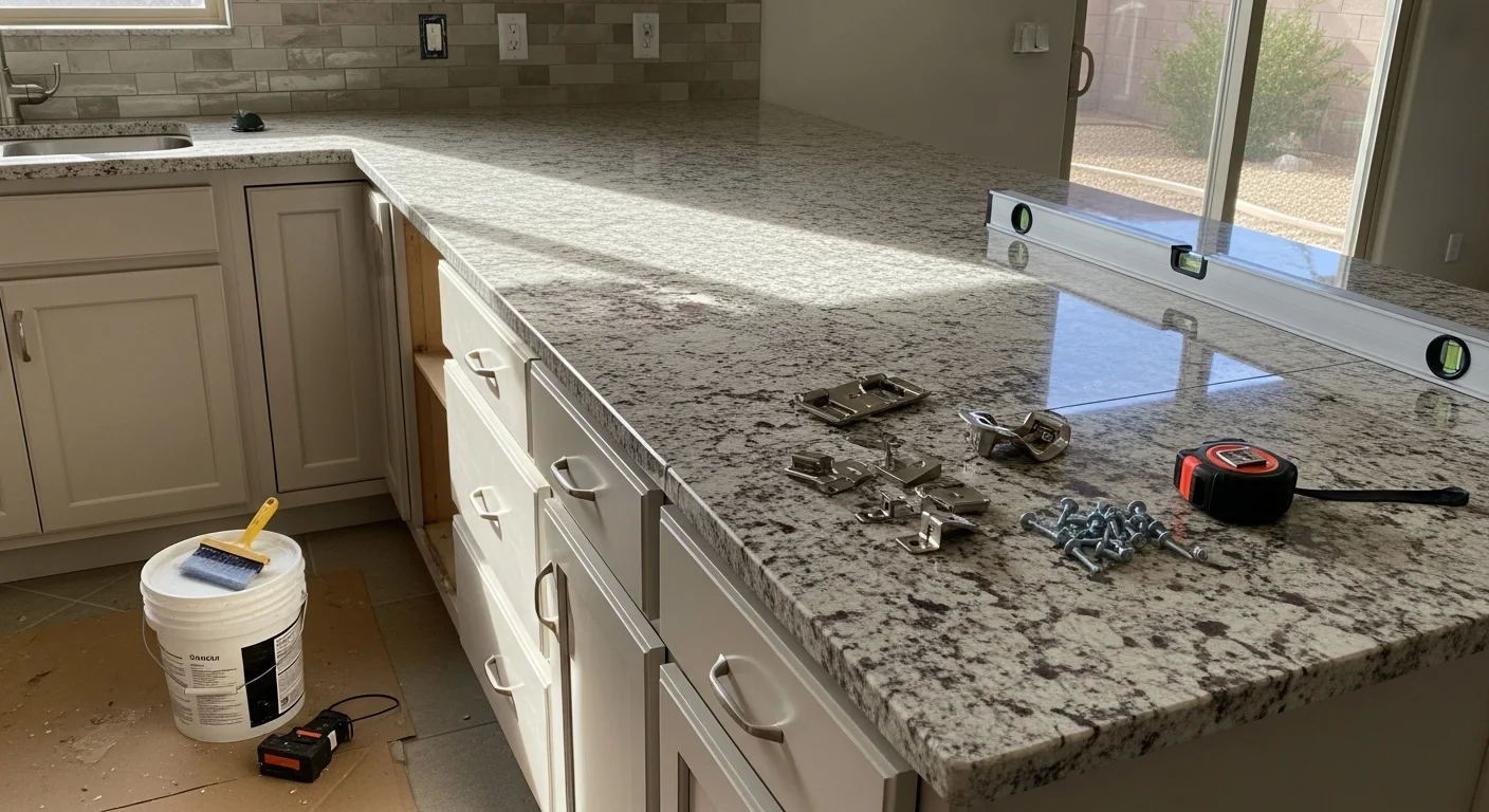 Newly installed stone countertop in a Phoenix kitchen with undermount sink cutout and clean edge profile. The surface runs along white shaker cabinets under a bright window in an Arizona home.