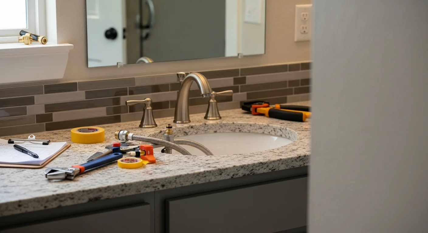 A newly installed bathroom vanity faucet and undermount sink in a Phoenix home remodel, with clean supply line connections visible beneath the cabinet. The finished installation shows flush wall contact and polished fixture hardware against a tiled backsplash.