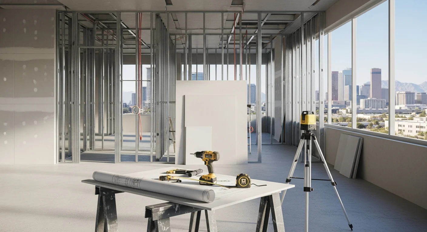 Finished open-plan office buildout inside a Phoenix commercial suite, showing framed partition walls, recessed lighting, and polished concrete flooring ready for occupancy. The space reflects a completed tenant improvement in a multi-tenant Phoenix office building.