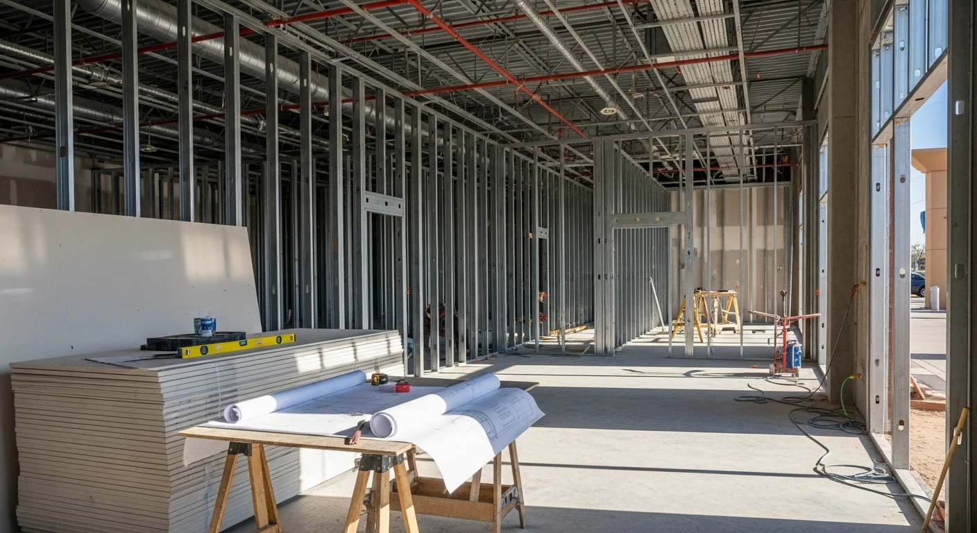 Finished retail storefront interior in a Phoenix commercial building, showing framed display walls, polished concrete flooring, and recessed commercial lighting installed by Ocotillo Construction. The space is move-in ready with a clean, open layout suited for a retail tenant build-out.